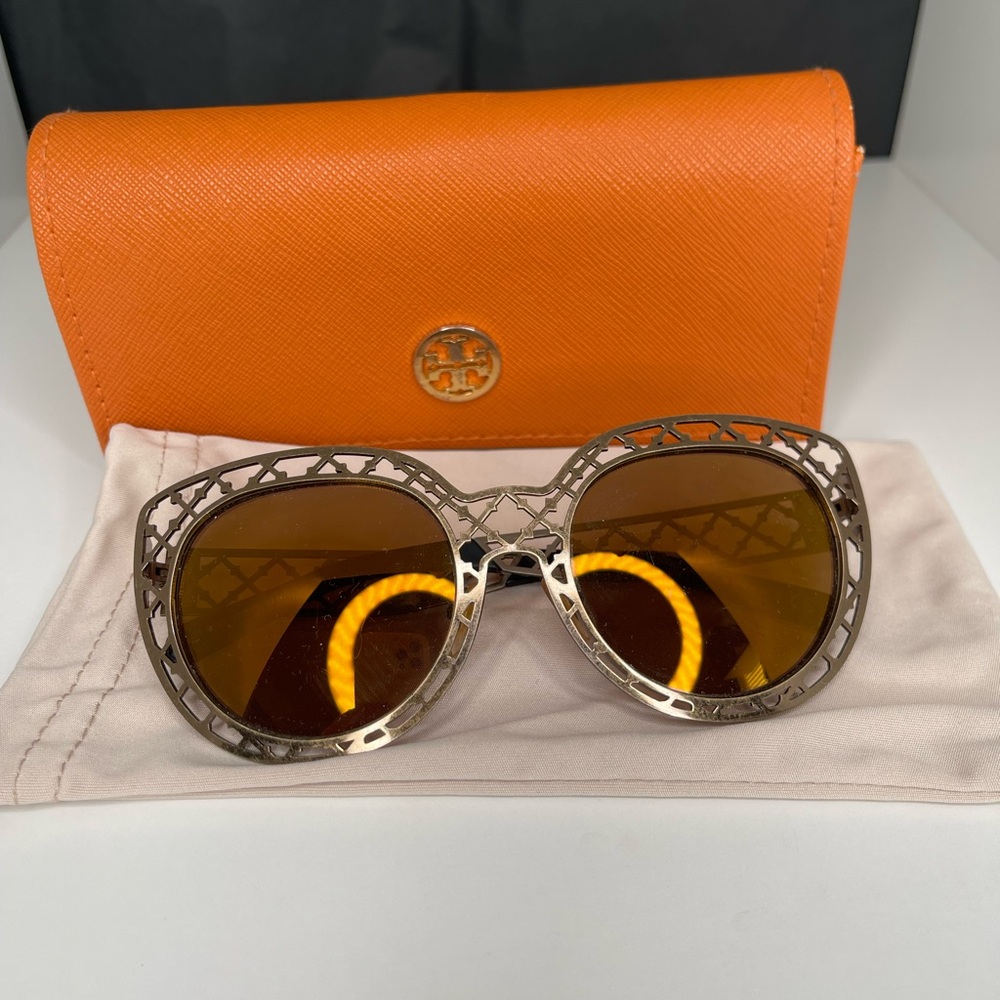 Tory Burch Gold and Brown Sunglasses with Oversized Frame